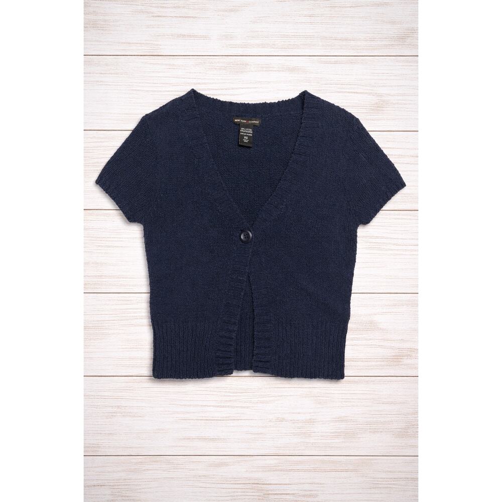 New York & Company Navy Short Sleeve Knit Cardigan XS